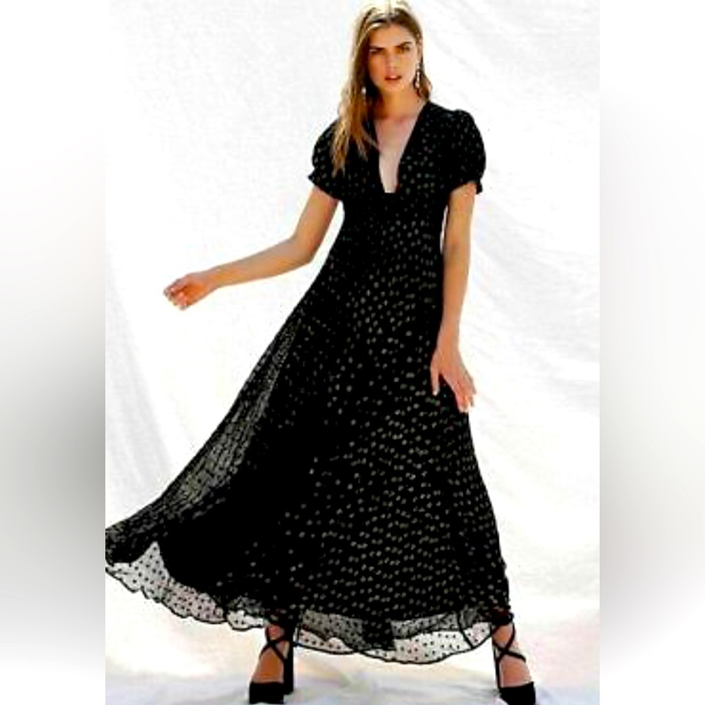 Free People Wanderer holiday Maxi Dress - Black Evening Dress Gold Accents NWT
